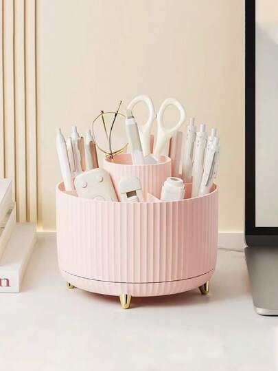 قطعة واحدة من صندوق منظم مكتبي على شكل حامل أقلام دوار، سعة كبيرة لتخزين لوازم المكتب، قاعدة متعددة الوظائف لفرشاة المكياج للأولاد والبنات والأطفال، تصميم أنيق