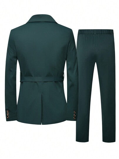 Manfinity Mode طقم بنطلون وبلوزة كم طويل أزرار أمامية قطعة واحدة للرجال لون أحادي، بتصميم بسيط