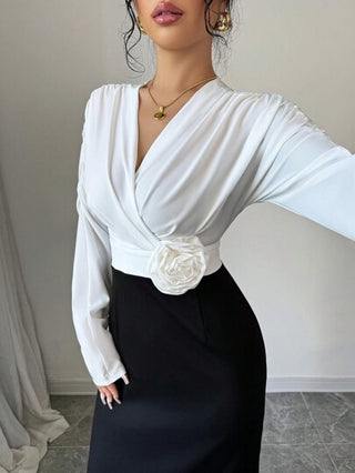 فساتين حريمي Rafferiza فستان طويل للنساء ذو أكمام طويلة وطيات على الكتف بتصميم أنيق باللونين الأبيض والأسود مناسب للخريف والشتاء