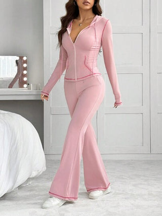 طقم حريمي قطعتين EZwear مجموعة جاكيت برقبة كابوشون مخصرة مع بنطال ذو أرجل متسعة تصميم جديد للنساء للرياضة والتمرين