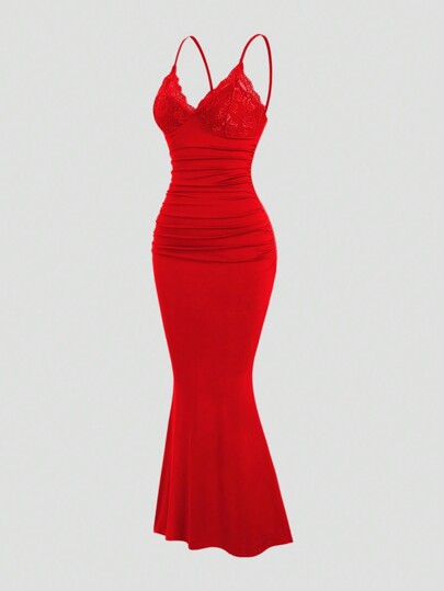 Sweetra فستان نسائي قصير سباغيتي بنقوش دانتيل وترتر لون واحد وسليم لحفلات رأس السنة الجديدة، فستان نسائي طويل