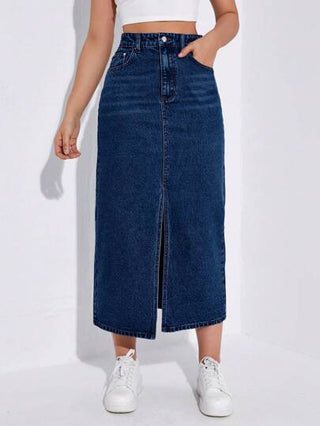 EZwear تنورة جينز طويلة سبليت بجيوب للنساء