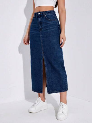 EZwear تنورة جينز طويلة سبليت بجيوب للنساء
