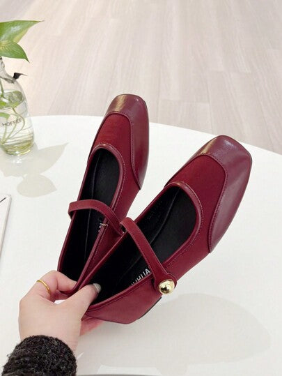 أحذية ماري جين مسطحة باللون البرغندي مقاس 41-43 للنساء، أحذية كاجوال أنثوية سهلة الارتداء، أصابع مربعة