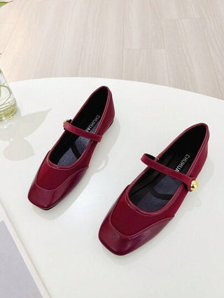 أحذية ماري جين مسطحة باللون البرغندي مقاس 41-43 للنساء، أحذية كاجوال أنثوية سهلة الارتداء، أصابع مربعة