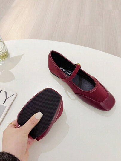 أحذية ماري جين مسطحة باللون البرغندي مقاس 41-43 للنساء، أحذية كاجوال أنثوية سهلة الارتداء، أصابع مربعة
