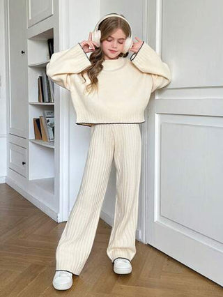 تيشيرتات بناتي طقم ملابس علوية وبنطال محبوك فضفاض ومرن للفتيات المراهقات بياقة دائرية ، مصمم بشكل بسيط وعملي