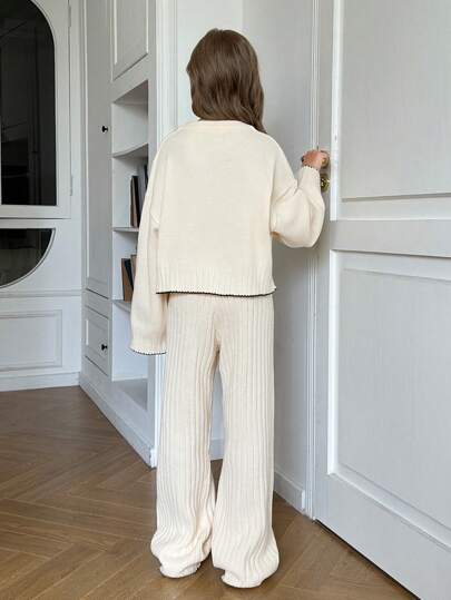 تيشيرتات بناتي طقم ملابس علوية وبنطال محبوك فضفاض ومرن للفتيات المراهقات بياقة دائرية ، مصمم بشكل بسيط وعملي