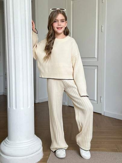 تيشيرتات بناتي طقم ملابس علوية وبنطال محبوك فضفاض ومرن للفتيات المراهقات بياقة دائرية ، مصمم بشكل بسيط وعملي