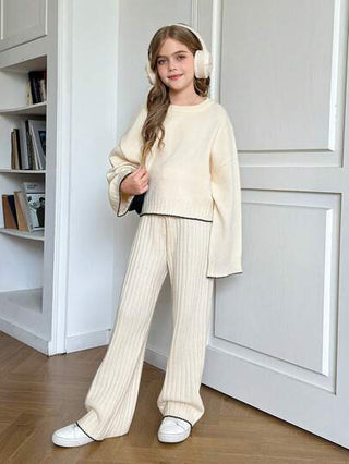 تيشيرتات بناتي طقم ملابس علوية وبنطال محبوك فضفاض ومرن للفتيات المراهقات بياقة دائرية ، مصمم بشكل بسيط وعملي