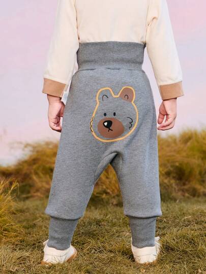 mini bala بناطيل دافئة ذات خصر عالي، مبطنة حراريا، لصبي الرضع، مجموعة شتاء 2024