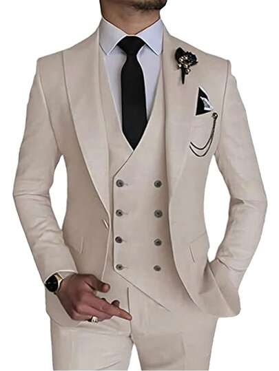 بدلة كاملة 3 قطع للرجال من فروايال، بدلة زفاف أنيقة قياس ضيق، جاكيت وسترة ذات صدر مزدوج وبنطلون رسمي للأعمال والحفلات والسهرات، باللون البيج، المقاسات من XS إلى 3XL