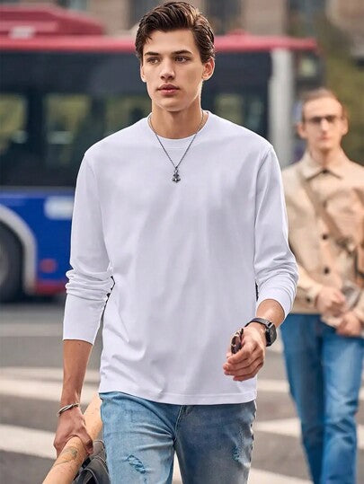 تي شيرت كاجوال بياقة طاقم وأكمام طويلة، للرجال، للربيع والصيف