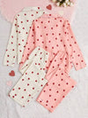 Shein Underwear&Sleepwear Basics 2 قطعة بيجاما نسائية مطبوعة بقلب ملابس علوية ذو أكمام طويلة مع سروال