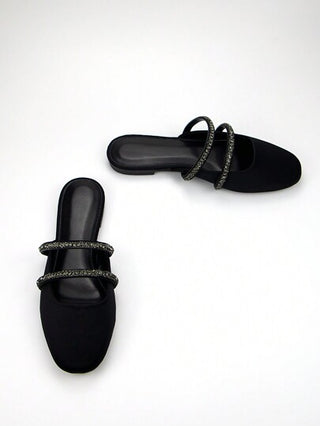 أحذية سهلة الارتداء مزينة برباط الراين بنمط أنيق من نسيج ليكرا أسود براس مدبب للنساء، مناسبة للارتداء اليومي والحفلات.