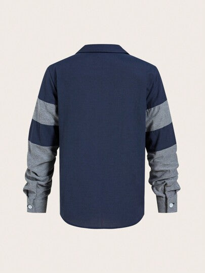 SHEIN قميص فضفاض منسوج بأكمام طويلة وفتح أمامي وياقة متباينة الألوان للفتى المراهق البدني العصري