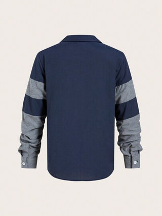 SHEIN قميص فضفاض منسوج بأكمام طويلة وفتح أمامي وياقة متباينة الألوان للفتى المراهق البدني العصري