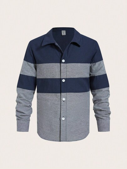 SHEIN قميص فضفاض منسوج بأكمام طويلة وفتح أمامي وياقة متباينة الألوان للفتى المراهق البدني العصري