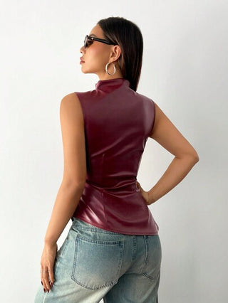PETITE ملابس علوية أكمام بلا أنثوية كاجوال طراز التسعينيات للشارع ، للربيع والخريف لون سادة طوق مطوي من البولي يوريثان. إطلالة خارجية المرأة في فصل الخريف