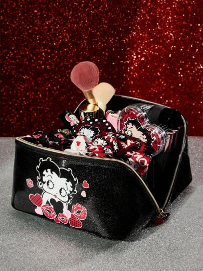 Betty Boop x SHEIN حقيبة مكياج ذات سعة كبيرة مطبوع عليها رسوم كرتونية سوداء قلب الشفاه، هدايا للأحباب