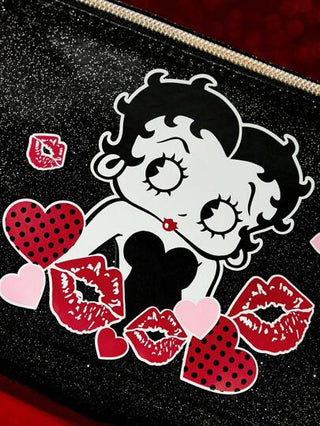 Betty Boop x SHEIN حقيبة مكياج ذات سعة كبيرة مطبوع عليها رسوم كرتونية سوداء قلب الشفاه، هدايا للأحباب
