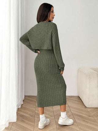 طقم حريمي قطعتين EZwear مجموعة جاكيت وفستان متوسط الطول من النساء لموسم الخريف، جاكيت بأزرار أمامية وفستان سكيني بنسيج مضلع