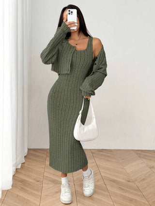 طقم حريمي قطعتين EZwear مجموعة جاكيت وفستان متوسط الطول من النساء لموسم الخريف، جاكيت بأزرار أمامية وفستان سكيني بنسيج مضلع