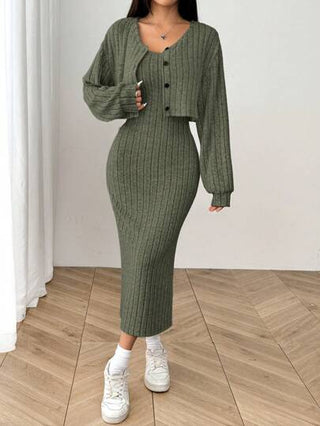 طقم حريمي قطعتين EZwear مجموعة جاكيت وفستان متوسط الطول من النساء لموسم الخريف، جاكيت بأزرار أمامية وفستان سكيني بنسيج مضلع