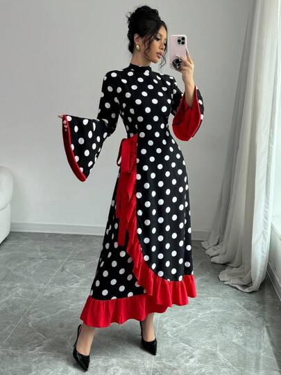 Rafferiza فستان أناقة موضة نمط البولكا دوت تصميم تدرج الكشكشة أكمام ممتلئة متوسط الطول لنساء الموضة