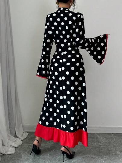 Rafferiza فستان أناقة موضة نمط البولكا دوت تصميم تدرج الكشكشة أكمام ممتلئة متوسط الطول لنساء الموضة