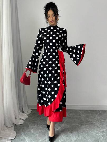 Rafferiza فستان أناقة موضة نمط البولكا دوت تصميم تدرج الكشكشة أكمام ممتلئة متوسط الطول لنساء الموضة