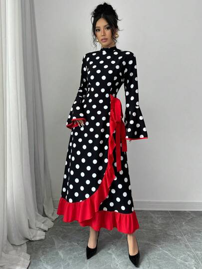 Rafferiza فستان أناقة موضة نمط البولكا دوت تصميم تدرج الكشكشة أكمام ممتلئة متوسط الطول لنساء الموضة