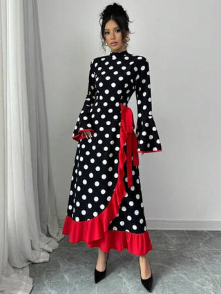 Rafferiza فستان أناقة موضة نمط البولكا دوت تصميم تدرج الكشكشة أكمام ممتلئة متوسط الطول لنساء الموضة