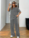 EZwear طقم بنطلون وبلوزة ذات ياقة مستديرة وأكمام قصيرة، ذو تشطيب مهترئ انسيابي، مناسب للخريف/الشتاء