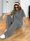EZwear طقم بنطلون وبلوزة ذات ياقة مستديرة وأكمام قصيرة، ذو تشطيب مهترئ انسيابي، مناسب للخريف/الشتاء