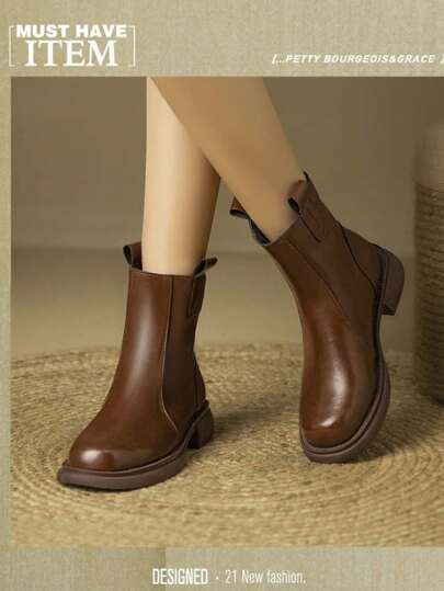 بوت الكاحل تشيلسي للنساء، كعب منخفض، طراز بريطاني قديم، تصميم سحاب، مناسبة للخريف/الشتاء، تتناسب مع فستان البلوزة