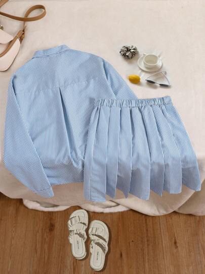 تيشيرتات بناتي مجموعة قميص كاجوال طويل الأكمام مخطط باللون الأزرق والأبيض + تنورة مصغرة منسدلة، طقم للأخت/الأم بأسلوب أمريكي، ملائم للبنات والسيدات في أوقات الفراغ والنزهات الأنيقة