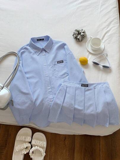 تيشيرتات بناتي مجموعة قميص كاجوال طويل الأكمام مخطط باللون الأزرق والأبيض + تنورة مصغرة منسدلة، طقم للأخت/الأم بأسلوب أمريكي، ملائم للبنات والسيدات في أوقات الفراغ والنزهات الأنيقة