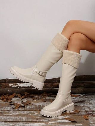 بوت فوق الركبة للنساء طراز محارب، جديد خريف/شتاء 2024 ، بتصميم جلد ممزوج بفرو ، بوت بنعل سميك ومنصة ، بطانة دافئة ، بوت أسفل الركبة