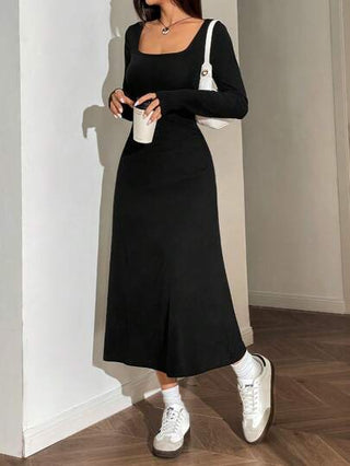 فساتين حريمي EZwear فستان طويل الأكمام ذو رقبة مربعة مناسب للمرأة، أنيق