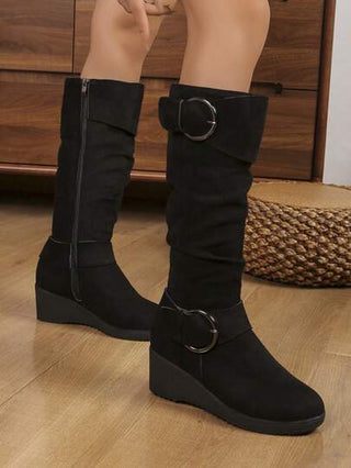 بوت نسائية ذات كعب سميك مرتفع مع سحاب جانبي حتى الركبة، من قماش الجلد المدبوغ، بوت مريحة وعملية للاستخدام اليومي