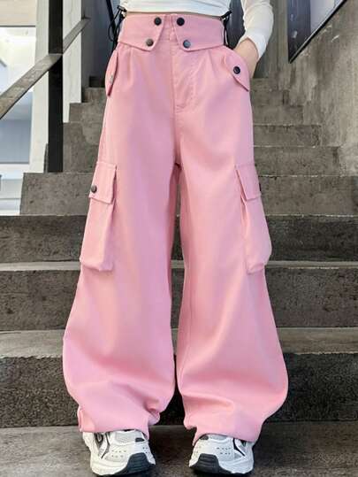 تيشيرتات بناتي بنطلون كارجو لفتيات المراهقات ذو خصر عالي بلون واحد مع طوق قلاب وديكورات الخصر، تصميم رجل مستقيم فضفاض، مناسب للمدرسة والخروجات والتنقل اليومي ، للربيع والصيف والخريف