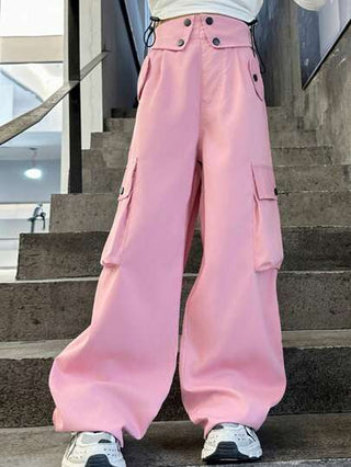 تيشيرتات بناتي بنطلون كارجو لفتيات المراهقات ذو خصر عالي بلون واحد مع طوق قلاب وديكورات الخصر، تصميم رجل مستقيم فضفاض، مناسب للمدرسة والخروجات والتنقل اليومي ، للربيع والصيف والخريف