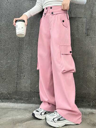 تيشيرتات بناتي بنطلون كارجو لفتيات المراهقات ذو خصر عالي بلون واحد مع طوق قلاب وديكورات الخصر، تصميم رجل مستقيم فضفاض، مناسب للمدرسة والخروجات والتنقل اليومي ، للربيع والصيف والخريف