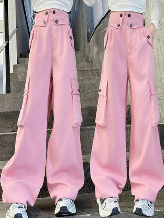 تيشيرتات بناتي بنطلون كارجو لفتيات المراهقات ذو خصر عالي بلون واحد مع طوق قلاب وديكورات الخصر، تصميم رجل مستقيم فضفاض، مناسب للمدرسة والخروجات والتنقل اليومي ، للربيع والصيف والخريف