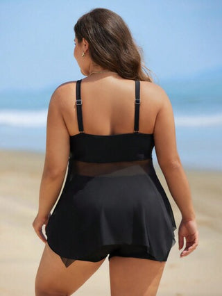 Swim Lushoire ملابس سباحة تانكيني قطعتين بفتحة على الجانب وحمالات رفيعة لون سادة للنساء ذوات الأحجام الكبيرة للصيف