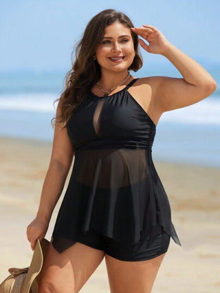 Swim Lushoire ملابس سباحة تانكيني قطعتين بفتحة على الجانب وحمالات رفيعة لون سادة للنساء ذوات الأحجام الكبيرة للصيف