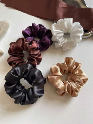 5 قطع / 1 قطعة من أربطة شعر مُركبة ذات لون أسود / أبيض / بني / أرجواني ذات قطر 12 سم / 4.72 بوصة من ألوان الأطقم الساتان العالية الجودة، ربطات شعر بلون صلب لامع مثالية لتسريحات الذيل اليومي