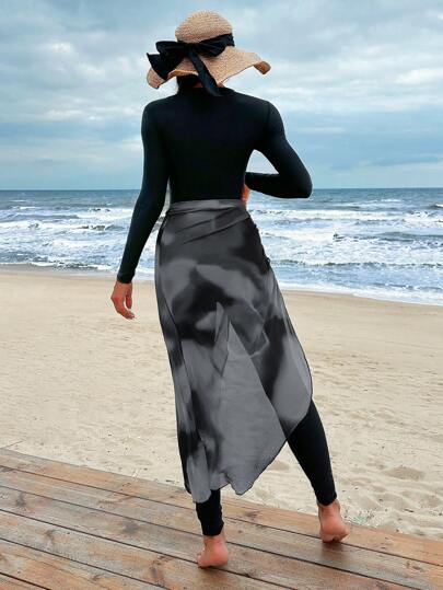 Swim Shayni طقم بوركيني لباس شاطئ عربي صيفي مؤلف من بذلة سباحة كتفية طويلة ذات لون واحد وتنورة ذات خصر رباط، قطعة واحدة