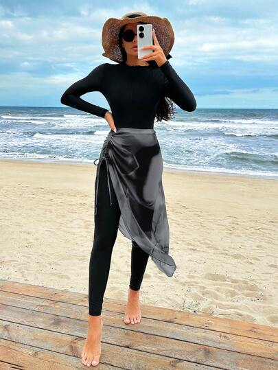 Swim Shayni طقم بوركيني لباس شاطئ عربي صيفي مؤلف من بذلة سباحة كتفية طويلة ذات لون واحد وتنورة ذات خصر رباط، قطعة واحدة